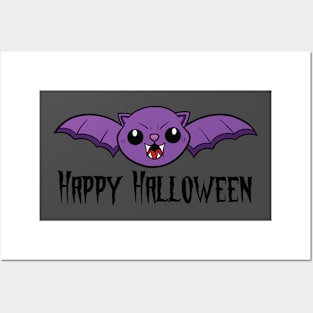 Happy Halloween Cat Bat Purple Posters and Art